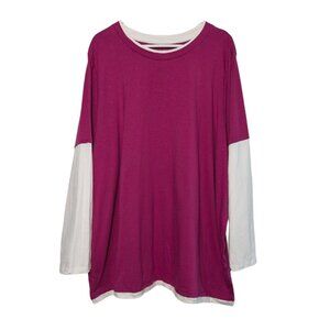 Woman Within Layered Look Long Sleeve T-Shirt, Pink White, Plus Size 2X 26/28